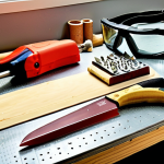 **

A well-organized workbench featuring high-quality hand tools (chisels, scalpels, carving knives from brands like Flexcut or Two Cherries), a head-mounted magnifier with LED lighting (Donegan OptiVisor style), various grades of sand, lime putty, cement, dry pigments (Kremer Pigmente style), a palette knife, a glass slab, a respirator (3M style), nitrile and leather gloves, safety glasses (Honeywell style), and digital calipers (Mitutoyo or iGaging). Focus on the precision and craftsmanship of the tools.

**