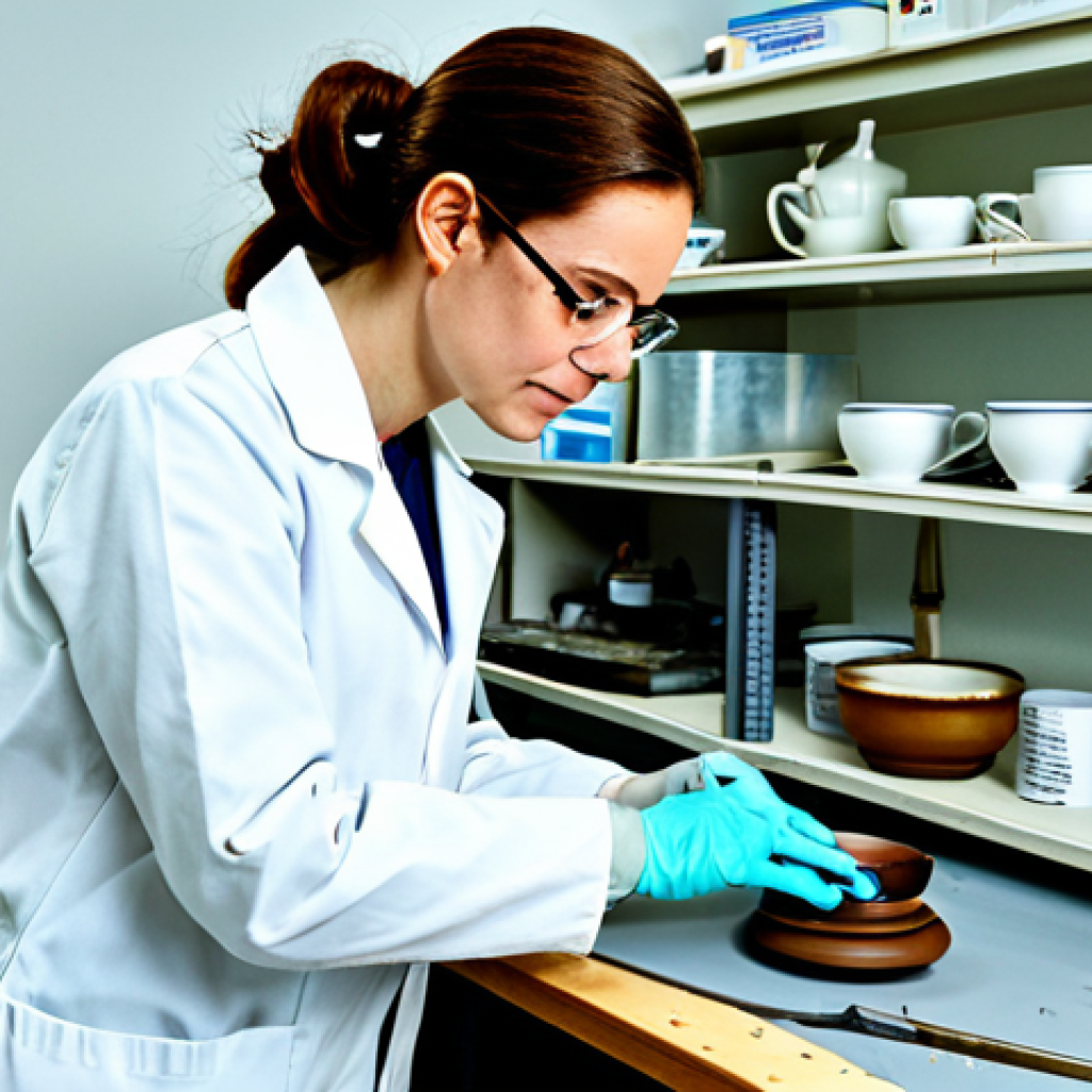 Conservation Lab in Action**

"A bright and organized conservation lab, featuring a conservator fully clothed in a lab coat and safety glasses meticulously cleaning a small antique object (e.g., a ceramic teacup). Various tools and materials are visible on the workbench. The scene should convey precision and care. Safe for work, appropriate content, fully clothed, professional setting, perfect anatomy, natural proportions, well-lit, high-resolution, detailed."

**