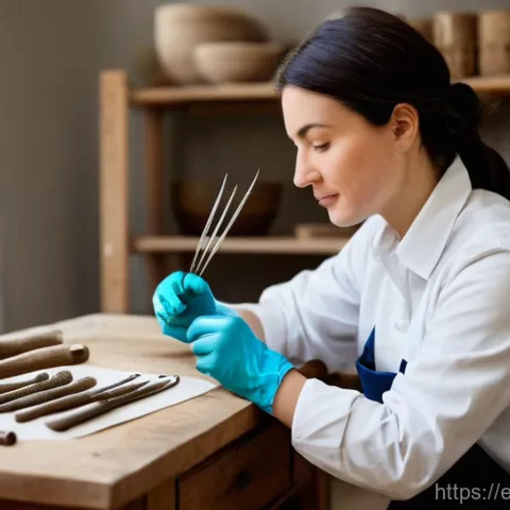 문화재수리기술자 실기시험 준비 필수 도구 - A highly detailed, professional photograph of a female conservator in her 30s, dressed in practical,...