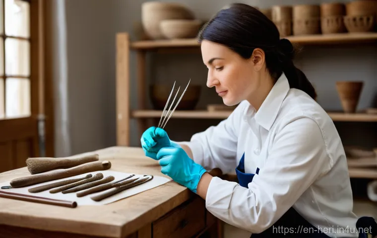 문화재수리기술자 실기시험 준비 필수 도구 - A highly detailed, professional photograph of a female conservator in her 30s, dressed in practical,...