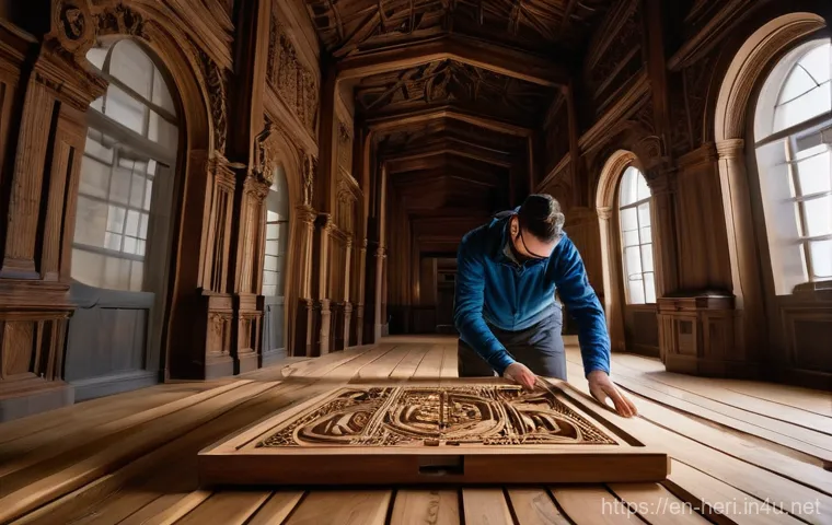 문화재수리기술자 실기시험 준비 필수 도구 - A highly detailed, professional photograph of a female conservator in her 30s, dressed in practical,...