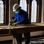 문화재수리기술자 실무에서 발생하는 흔한 문제 - A detailed scene of a heritage restoration team carefully working on a centuries-old timber beam ins...