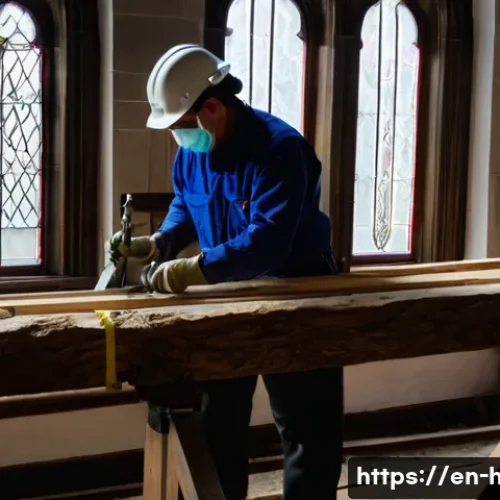 문화재수리기술자 실무에서 발생하는 흔한 문제 - A detailed scene of a heritage restoration team carefully working on a centuries-old timber beam ins...
