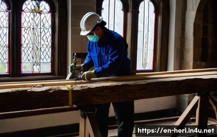 문화재수리기술자 실무에서 발생하는 흔한 문제 - A detailed scene of a heritage restoration team carefully working on a centuries-old timber beam ins...