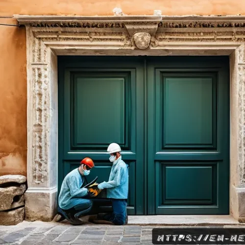 문화재수리기술자 해외 근무 준비 - A detailed scene of an international heritage conservation project in Italy, showing a diverse team ...