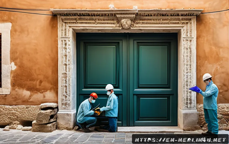 문화재수리기술자 해외 근무 준비 - A detailed scene of an international heritage conservation project in Italy, showing a diverse team ...