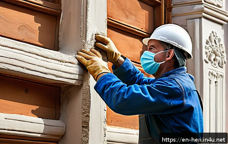 문화재수리기술자 이직 시 유리한 경력 스토리 작성법 - A skilled heritage restoration craftsman carefully applying traditional lime plaster to a 19th-centu...