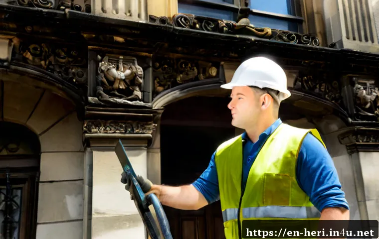 Home 17 문화재수리기술자 연봉 평균과 협상 팁 - Photorealistic historic preservation technician in a safety vest and hard hat carefully restoring or...